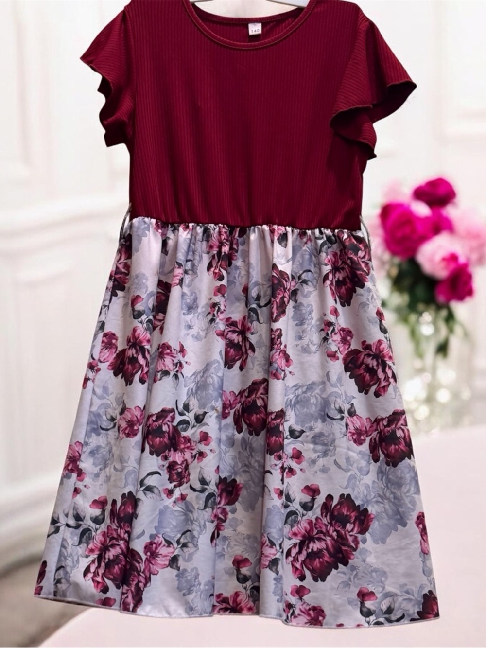 Girls' Burgundy Floral Fit-and-Flare Dress